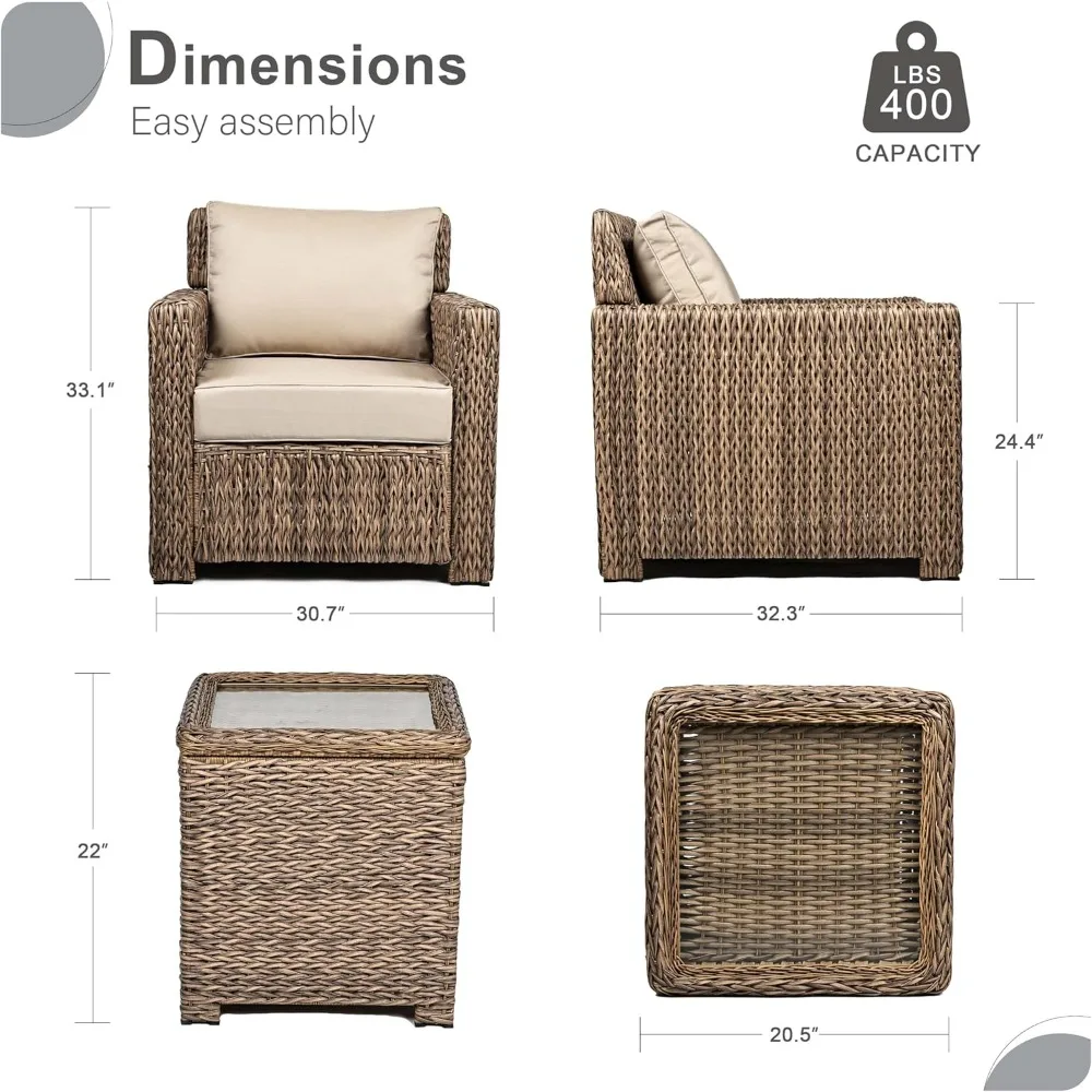 3-Piece Outdoor Wicker Bistro Set with 2 Rattan Lounge Chairs and Tempered Glass Side Table Storage