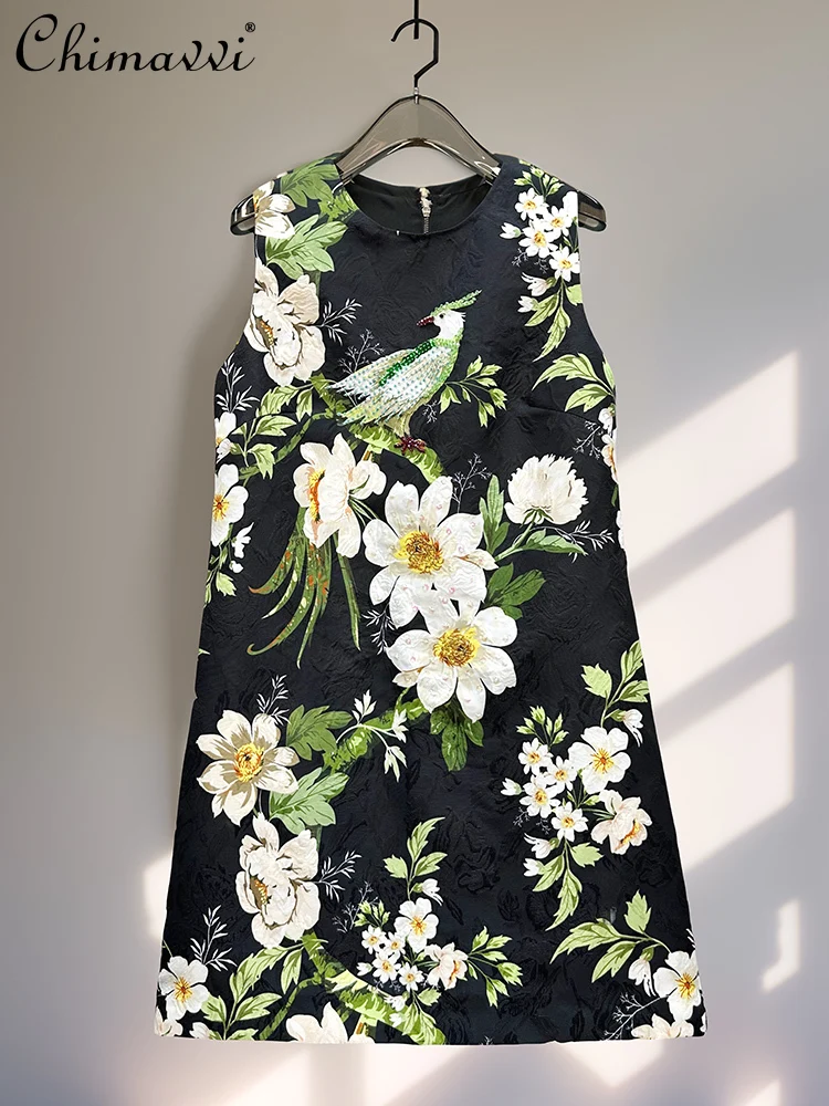 

French Elegant Socialite Fashion Dresses Heavy Industry Beaded Sequins Crew Neck Sleeveless High Waist A-line Short Dress Women