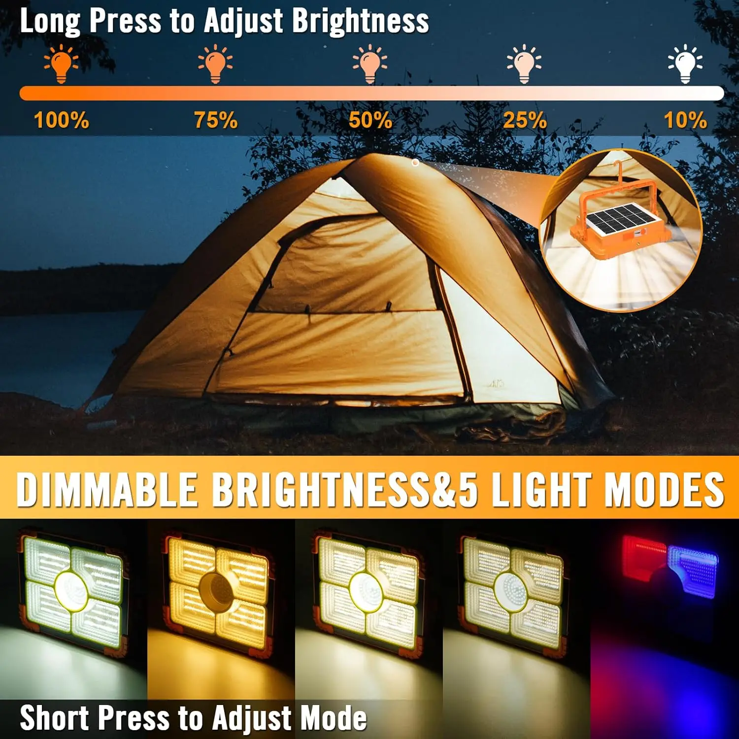 100 W LED-Solar-Arbeitsleuchte, 466 LEDs, 10000 lm, 5 Modi, 12000 mAh wiederaufladbar, IP66 wasserdicht, tragbare Solar-Außenleuchte