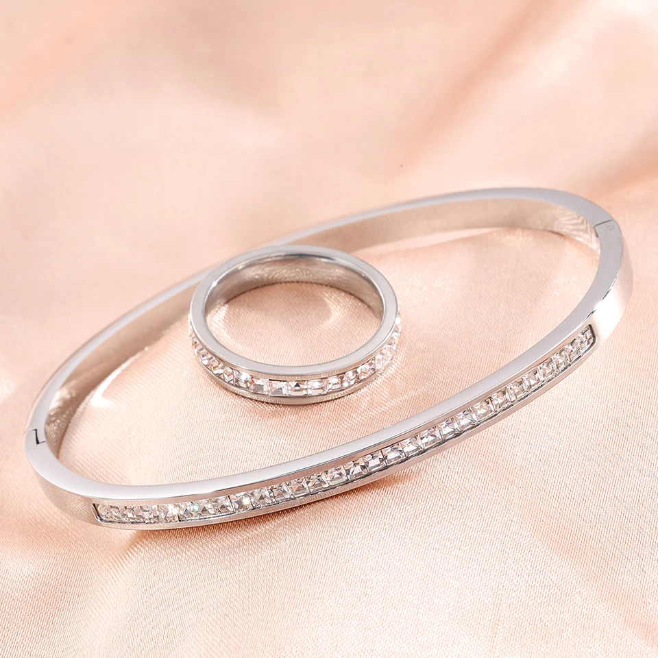 Stainless Steel Bangle Ring Set with Cubic Zirconia for Women