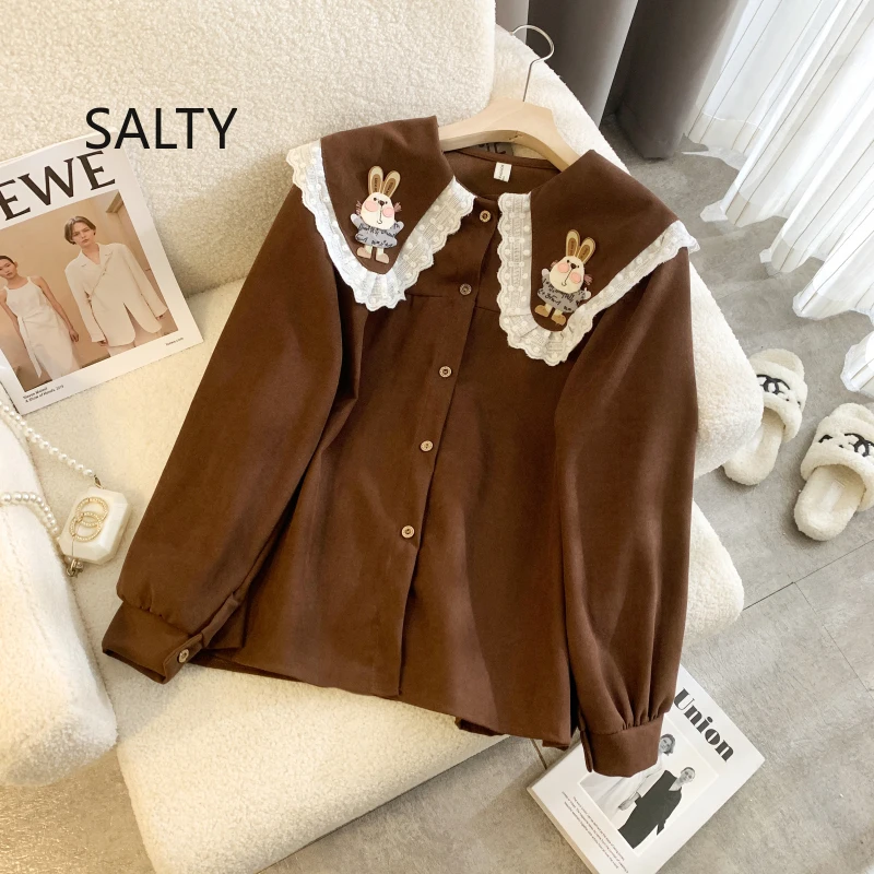 2025 Women Shirt Long Sleeve Cute Rabbit Patch Doll Collar Blouse Tops Female Autumn and Winter Preppy Style Woman