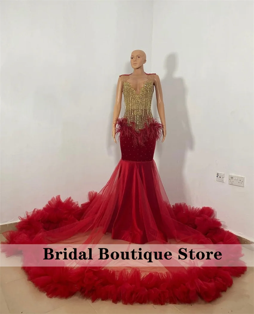 Exquisite Red Long Prom Dresses O-Neck Birthday Party Gown Gold Bead Diamonds Ruffles Evening Dresses With Feathers Customized