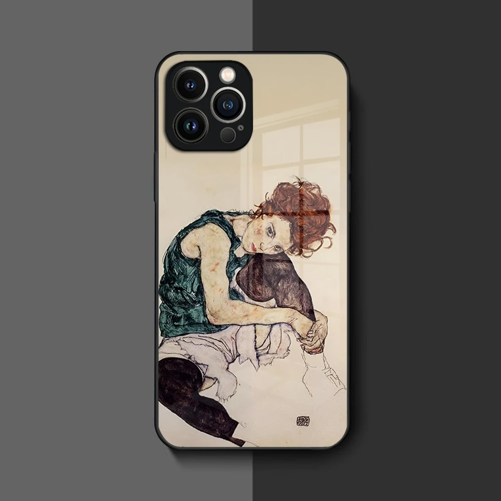 Egon Schiele Art Phone Case for Iphone 16 15 14 12 11 13 Pro Max Mini 8 X Xr Xs Puls Black Glass Cover