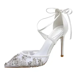 Spring and summer pointed mesh lace-on rhinestone wedding shoes stiletto high-heeled banquet large size small size women sandals