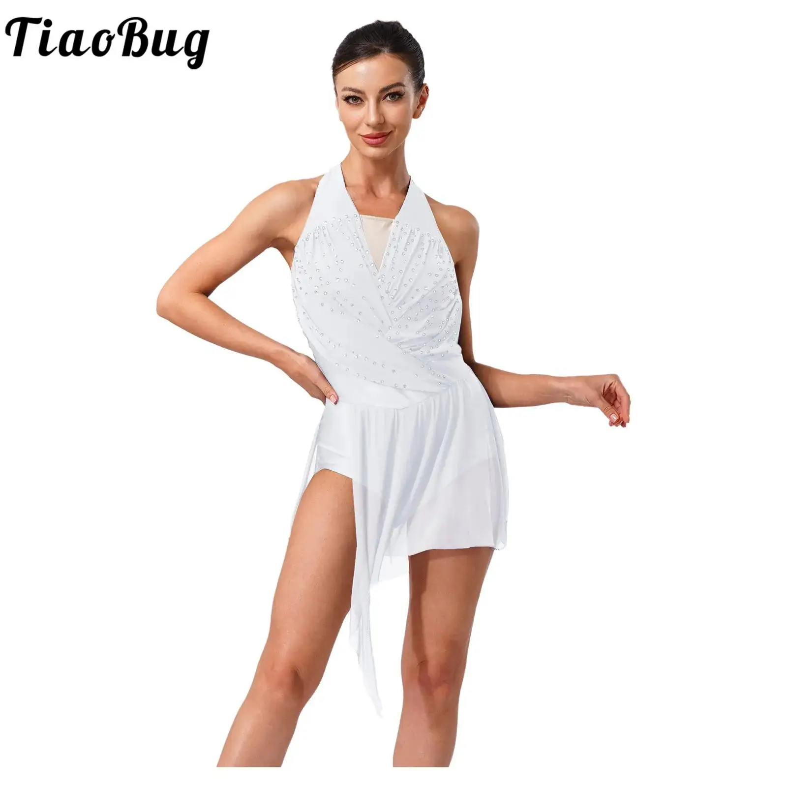 Women Figure Skating Leotards Dress Ruched Rhinestones Backless Irregular Hem Bodysuit Dress for Latin Samba Rumba Jazz Dance