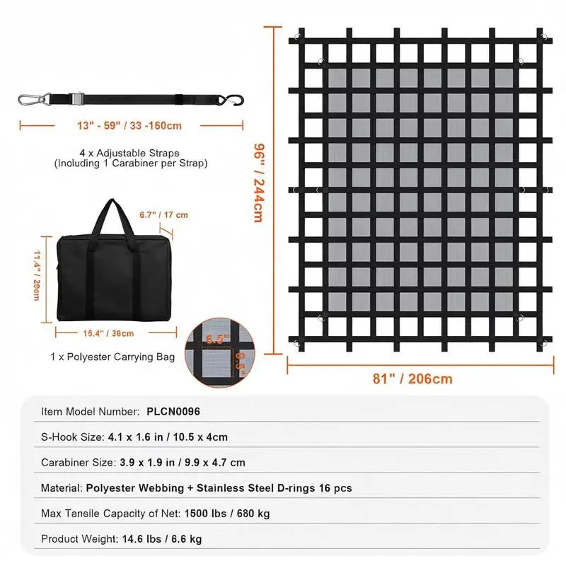 Truck Bed Webbing 96" x 81" For Pickup SUV Boat, Heavy Duty Load Restraint Adjustable Straps Carabiners S-Hooks Wear-resistant Weather-proof Cargo Organizer Mesh Net - view 2