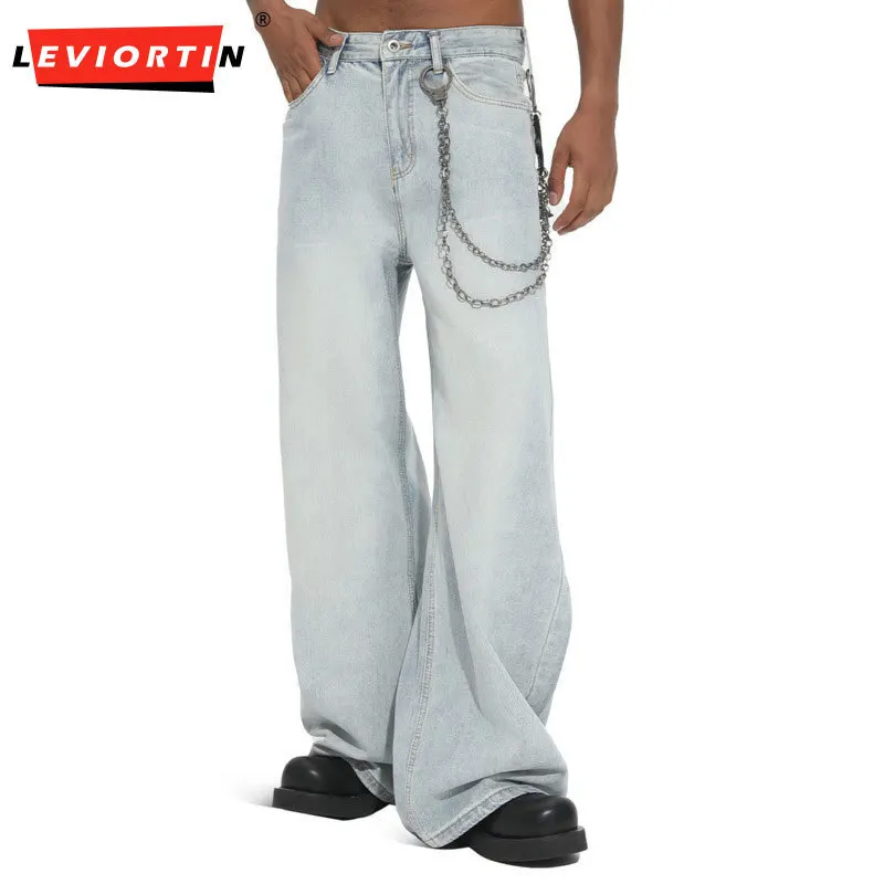 Four season men's Korean style basic youth popular style washed light blue straight leg retro distressed loose casual jeans