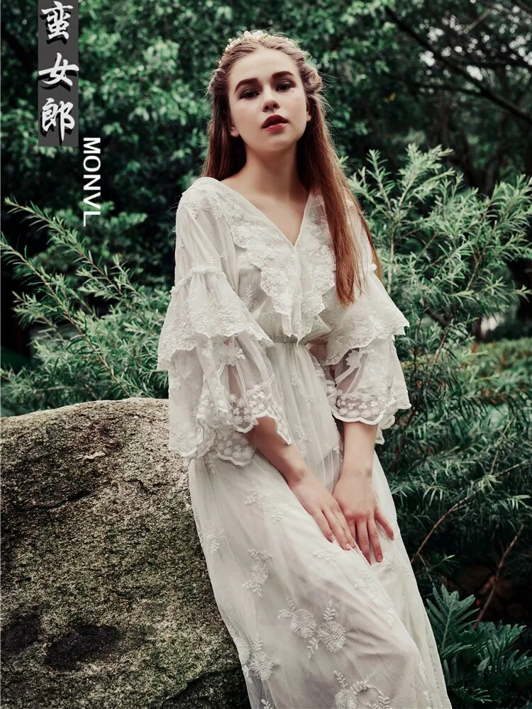 

TIYIHAILEY Summer Women Lace Dress Flare Half Sleeve Long Maxi Ladies A-line High Waist S-L Vintage Mesh White Floor Length