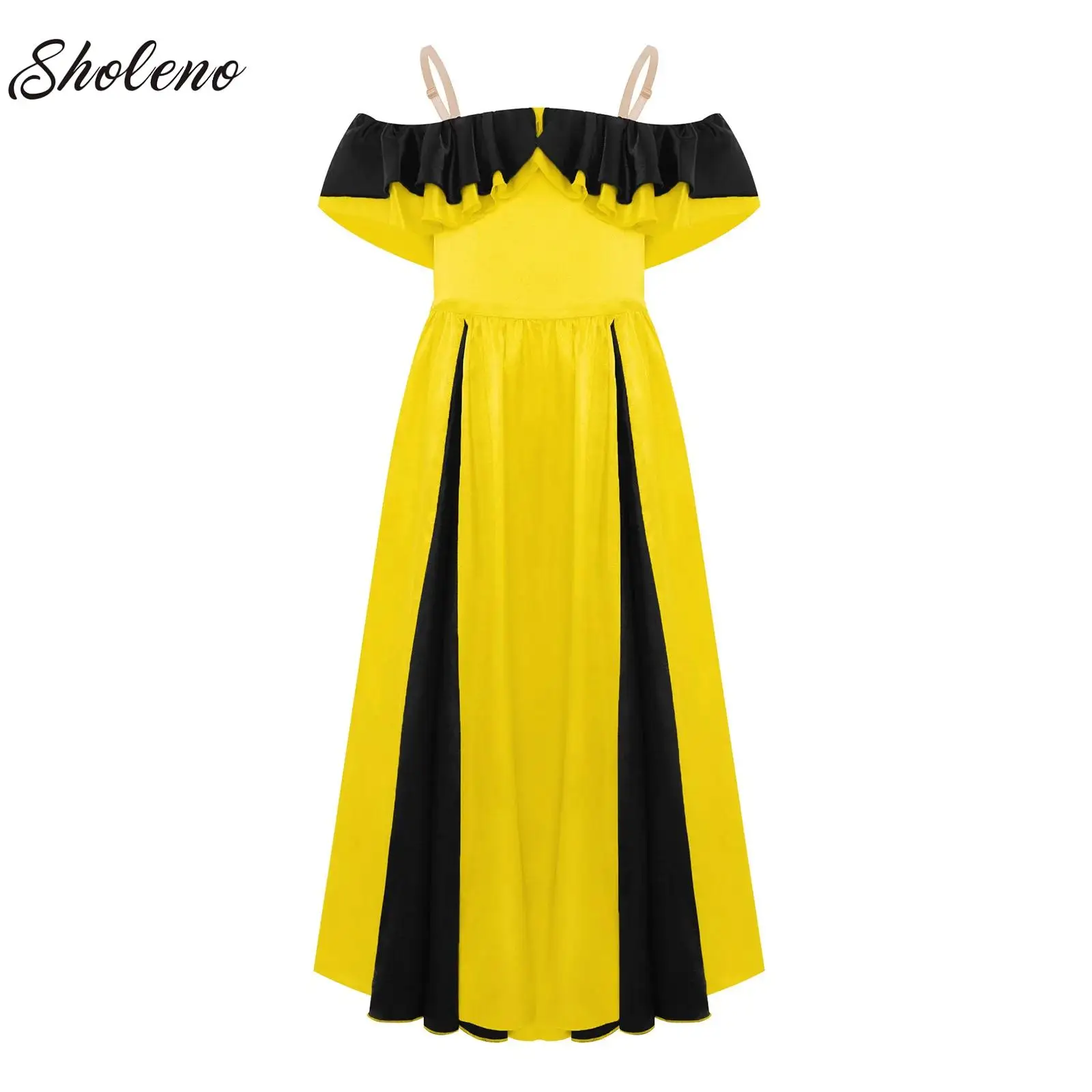 

Kids Girls Ballroom Modern Dance Costume Spanish Flamenco Dance Dresses Stage Performance Clothes Satin Maxi Party Gown