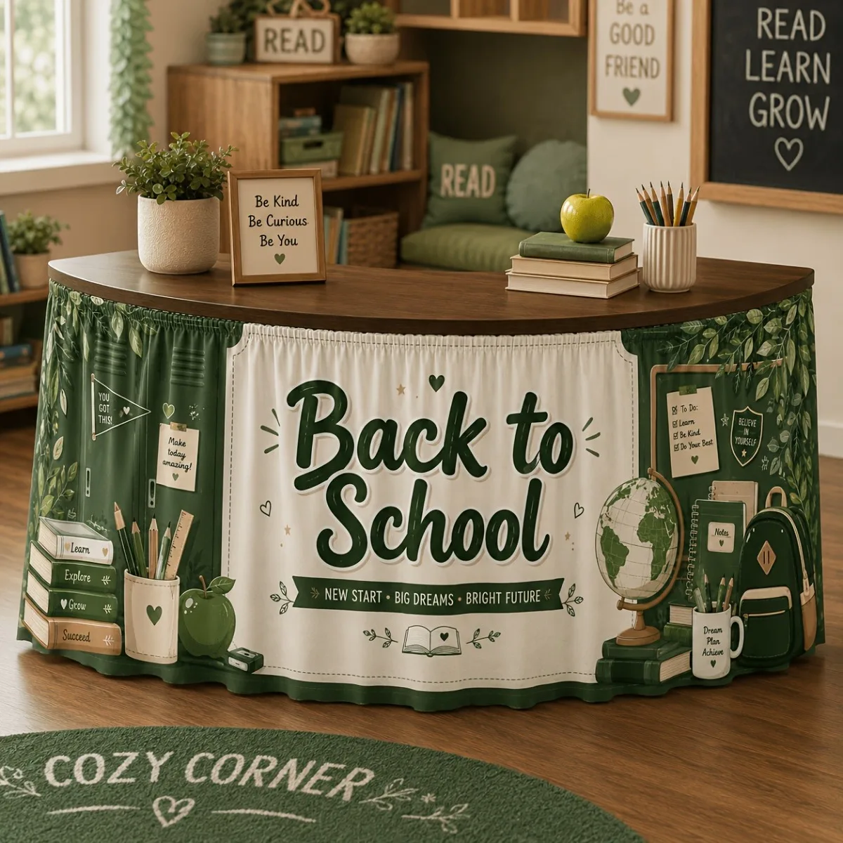Party table skirt, 1pc, green retro school theme, with book, globe, schoolbag, apple and green leaf patternsxzj