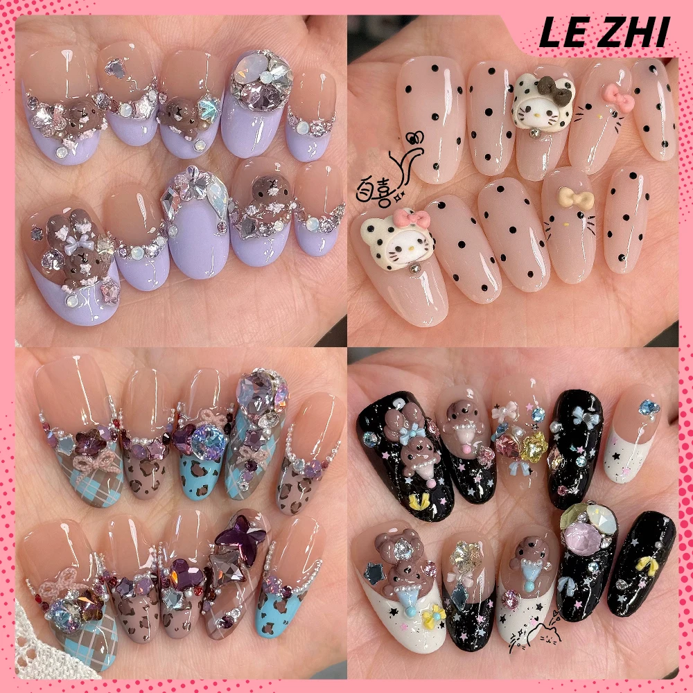 

Cartoon Hello Kitty Bear Handmade Ellipse Shape Reusable Press On Nails Glitter Rhinestone Bowknot Pearl French Full Cover Nails
