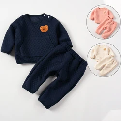 2pcs Winter New Children Suit Boy Girl Cartoon Bear Stickers Round Neck Long Sleeve Top + Trousers Cute Baby Warm Casual Clothes