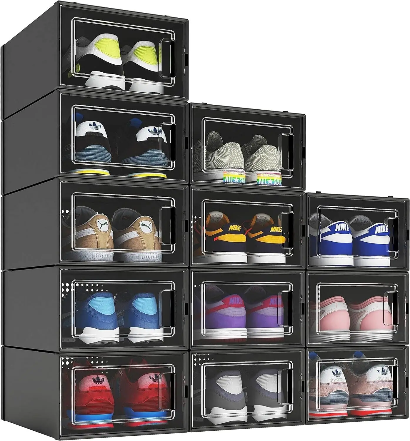 

12 Pack Shoe Organizer Boxes, Black Plastic Stackable Shoe Storage Bins