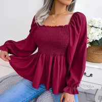 Blusa de gasa para mujer 2026 Casual Color sólido manga larga volantes Peplum Top blanco rojo verde azul negro ropa de mujer