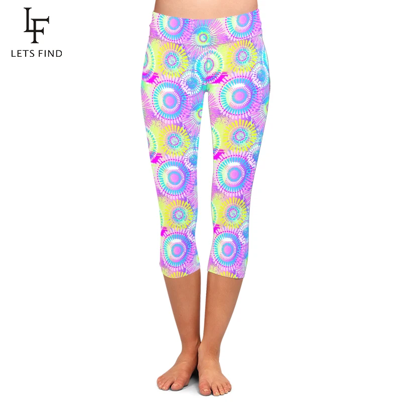 

LETSFIND Fashion Girl Pants High Waist Women Capri Legging Colorful Tie-dye Print Sexy Fitness Stretch Mid-Calf 3/4 Leggings