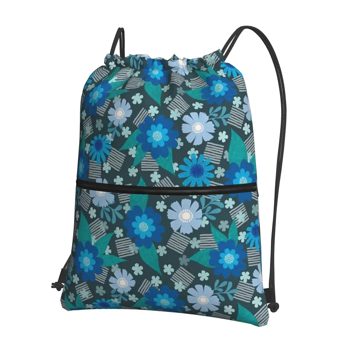 Flower And Block Pattern - Ultra Steady Green Blue Backpack Drawstring Bag Drawstring Bundle Pocket Storage Bag For Travel Sport