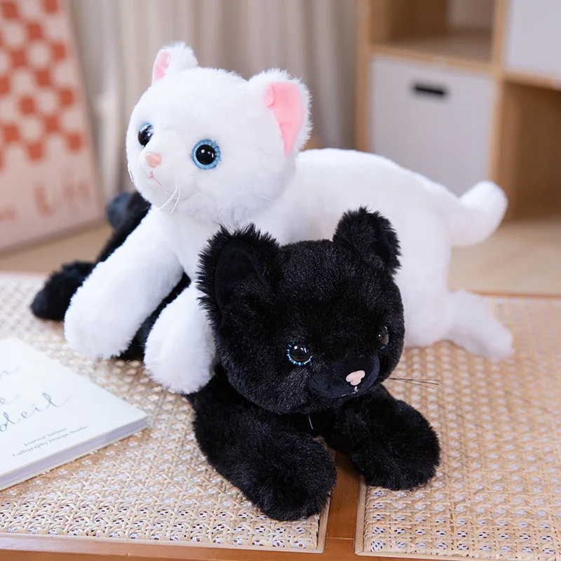 50/70 cm flauschige Katzenpuppe, liegendes Plüschtier, gefüllt wie echtes Kawaii-Tier-Plüschtier, Schwarz, Grau, 3-Farben-Kätzchen, Geburtstagsgeschenk