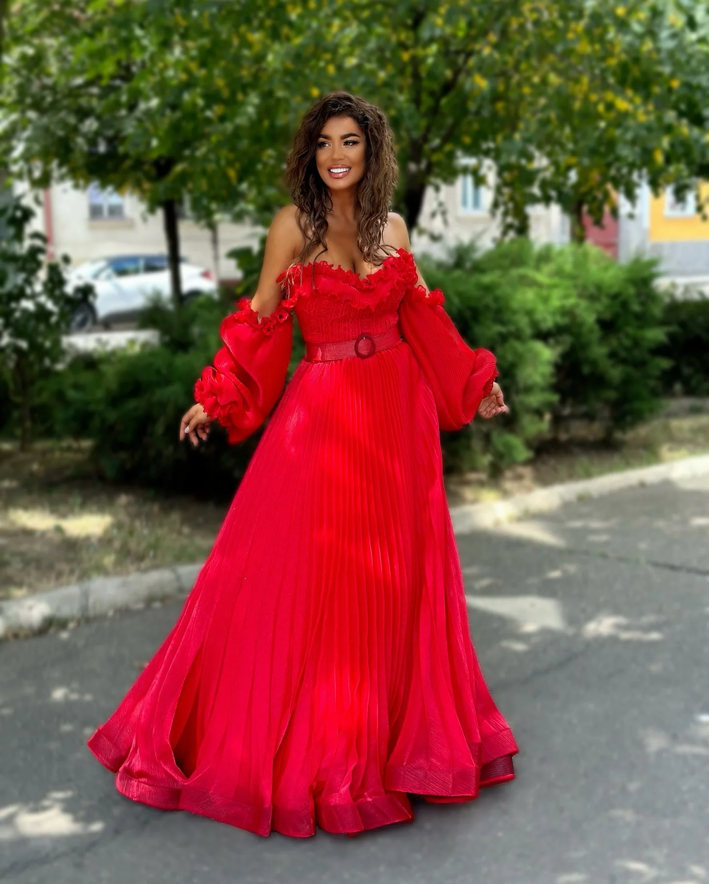 Couture Red Pleated Long Evening Dresses With Ruffles Trimmed Details Pretty See Thru Puff Sleeves A-line Formal Party Dress