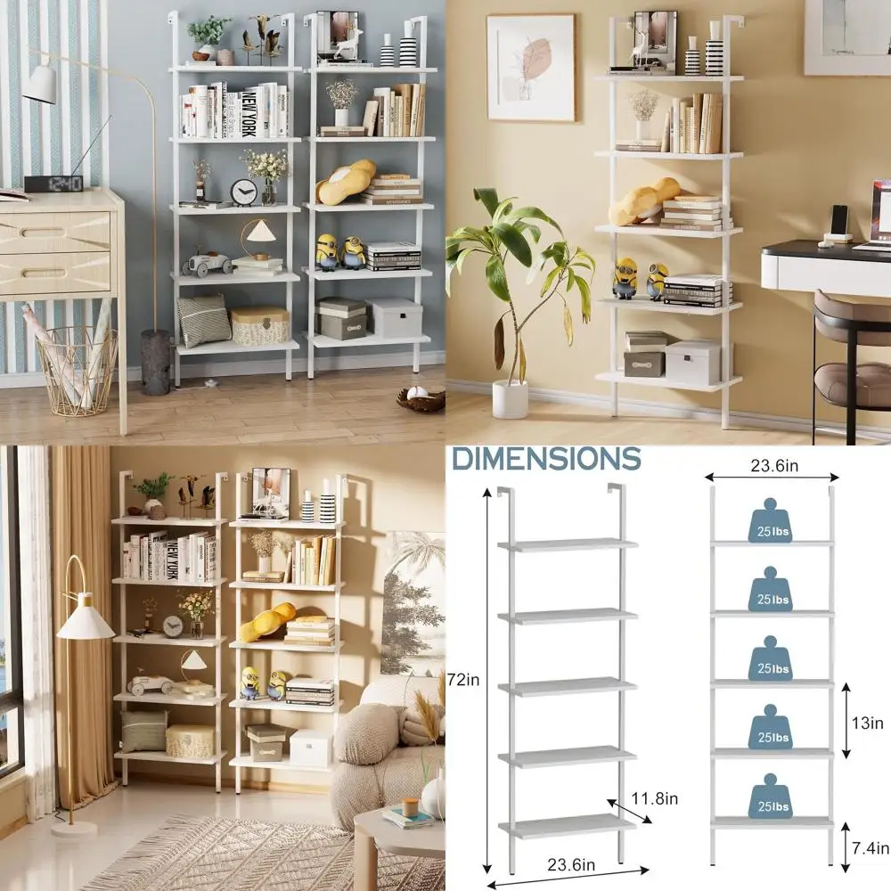

5-Tier White Wooden Wall-Mounted Bookshelf - Industrial Style Open Rack for Home Office Organization