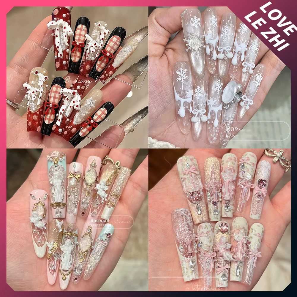 

Sweet Lovely Flower Bowknot Pearl Handmade Long Coffin Ellipse Fake Nails Cartoon Bear Rabbit Snowflakes Diamond Press On Nails