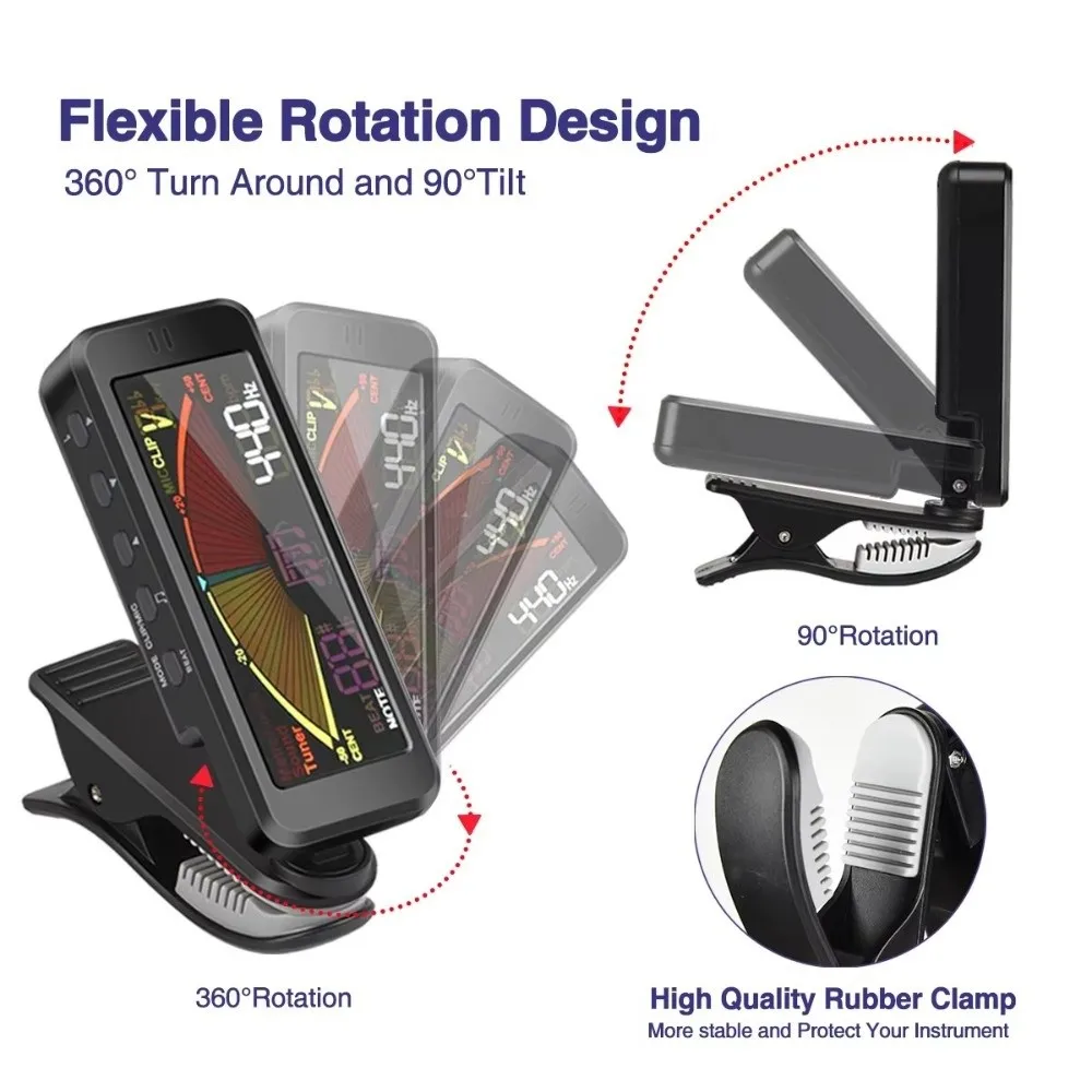 3 in 1 Rechargeable Metronome Tuner Clip-on Design Digital Display Tone Generator 360 Rotation Tone Generation String Tuner