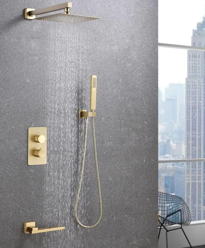 

Thermostatic Faucets Brushed gold Shower Set 10 Inch Bathroom Rainfall Shower Faucet Set With Handheld Shower Head S808