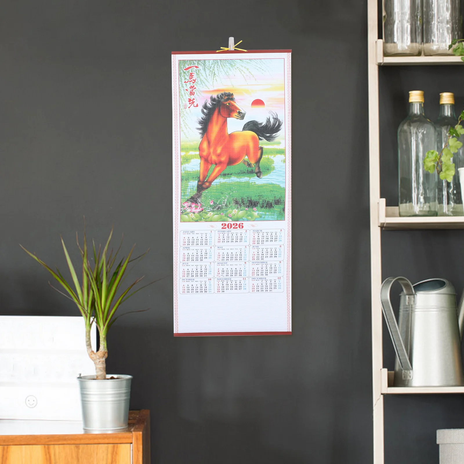 

Искусственный ротанг 2026 год лошади, подвесной прокрутки, календарь, китайский Новый год, настенный декор, подробная печать, праздничная атмосфера, домашний офис