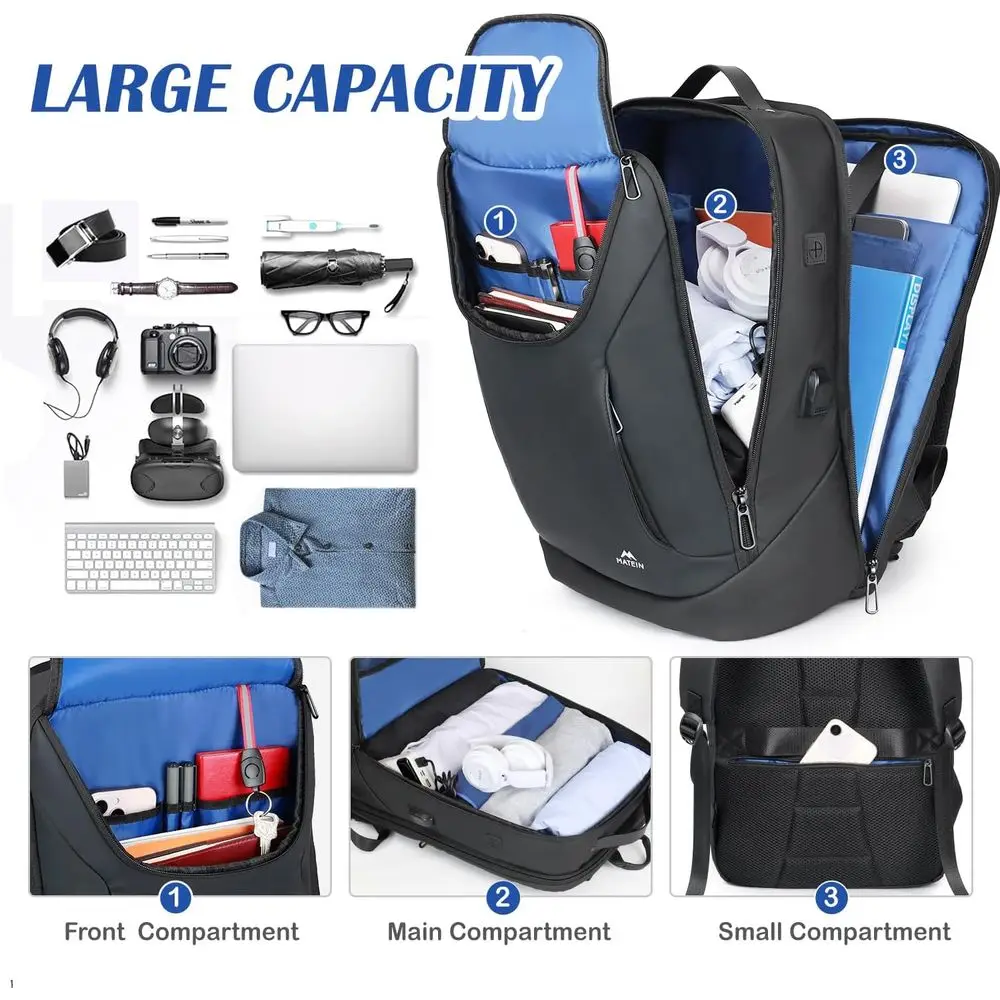 Mochila para Laptop à Prova d'Água de 17 Polegadas com Cadeado e Porta USB, Grande Bolsa de Negócios para Homens e Mulheres, Pronta para Viagem, Preta