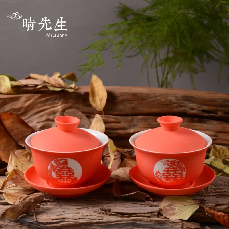 ★Gift for New Couple Tea Cup Wedding Set Wedding Chinese Xi Couple Cups High-End Gift Jingdezhen Tureen Red Set