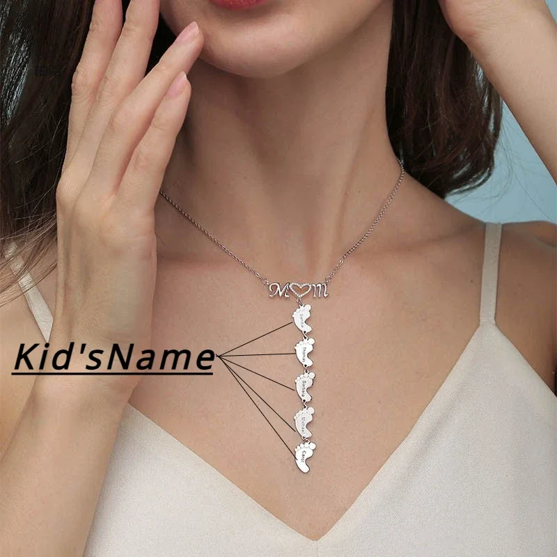 Personalized ID Name Footprint Pendants Stainless Steel Mom Necklace Customized Heart Foot Jewelry for Boy Girls Kids Gift 2024