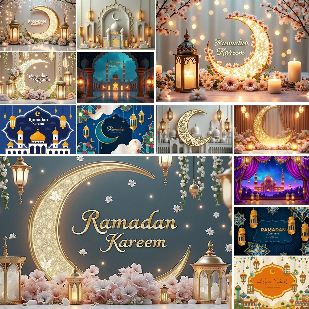

MOON.QG Eid Al-Fitr Ramadan Festival Backdrop Warm String Lights Mosque Crescent Backgrounds For Photographs Accessories Wall