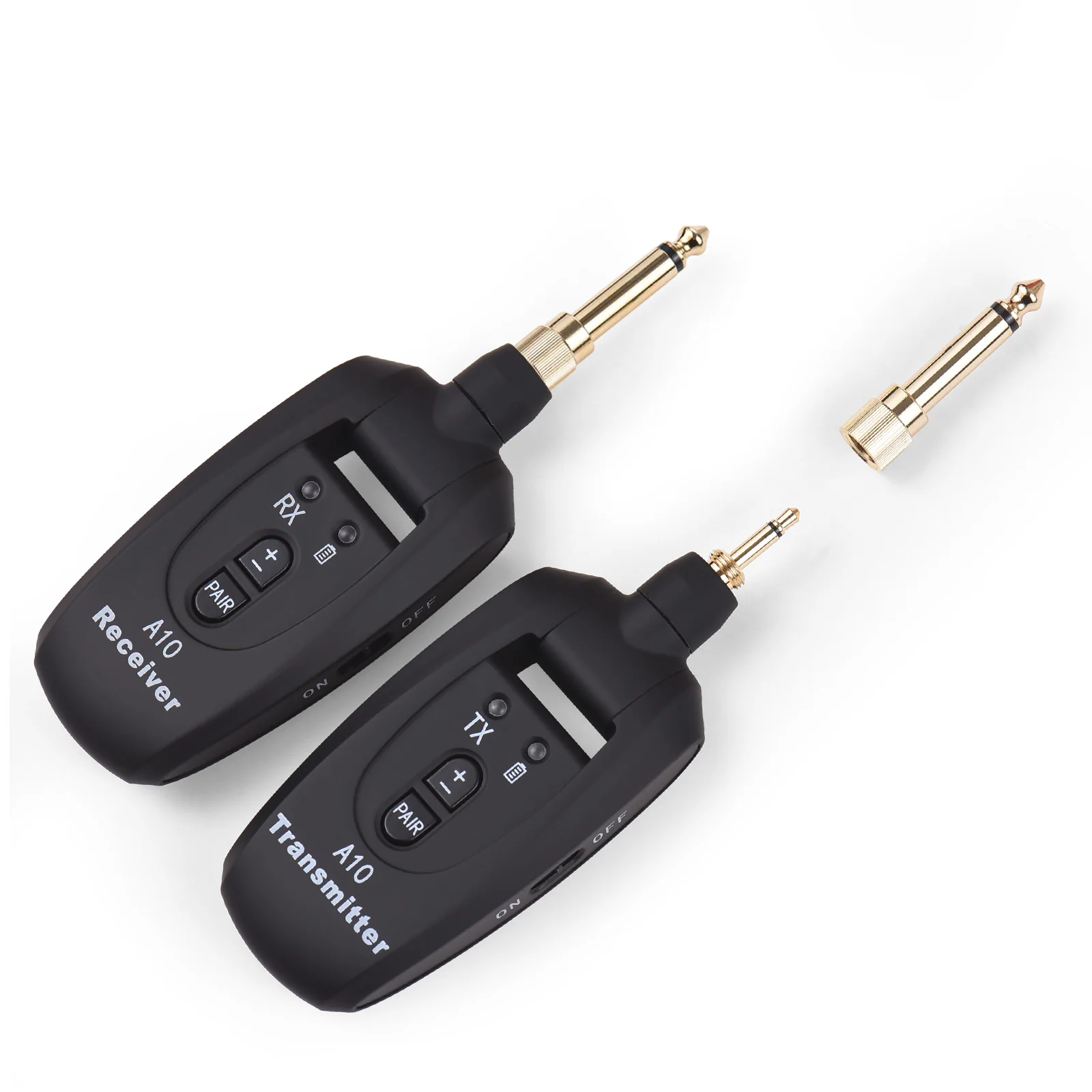 

Black 2.4GHz Wireless Guitar System Transmitter Receiver Set with 270 Degree Rotatable Plug 3.5mm Plug 2 6.35mm Adapters 300mAh
