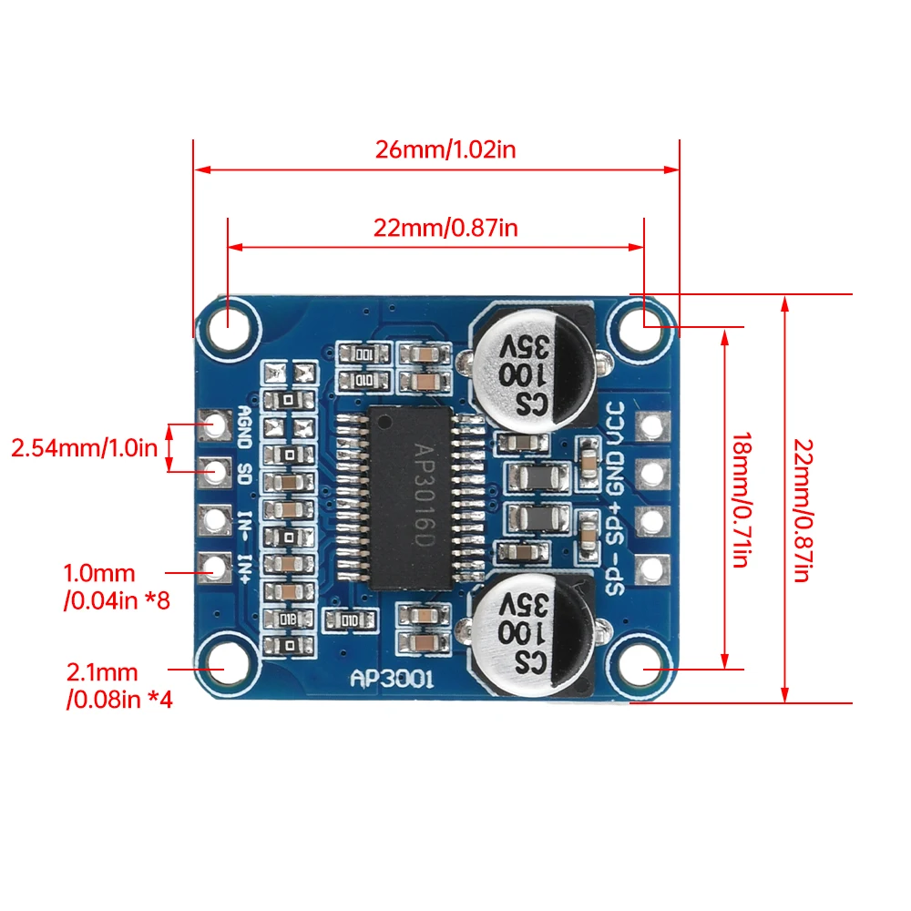 High Power Amplifier Board Module DC8-24V Class D Digital 10W/20W/30W AP3001 for Audio Applications