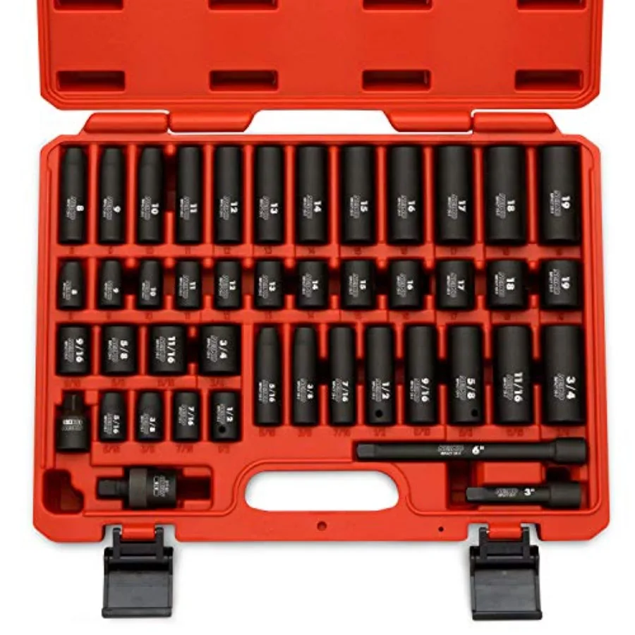 

02440A 3/8-Inch-Drive Impact Socket Set SAE Sizes 5/16" to 3/4" and Metric Sizes 8 mm to 19 mm Includes Extension Bars and U-Jo
