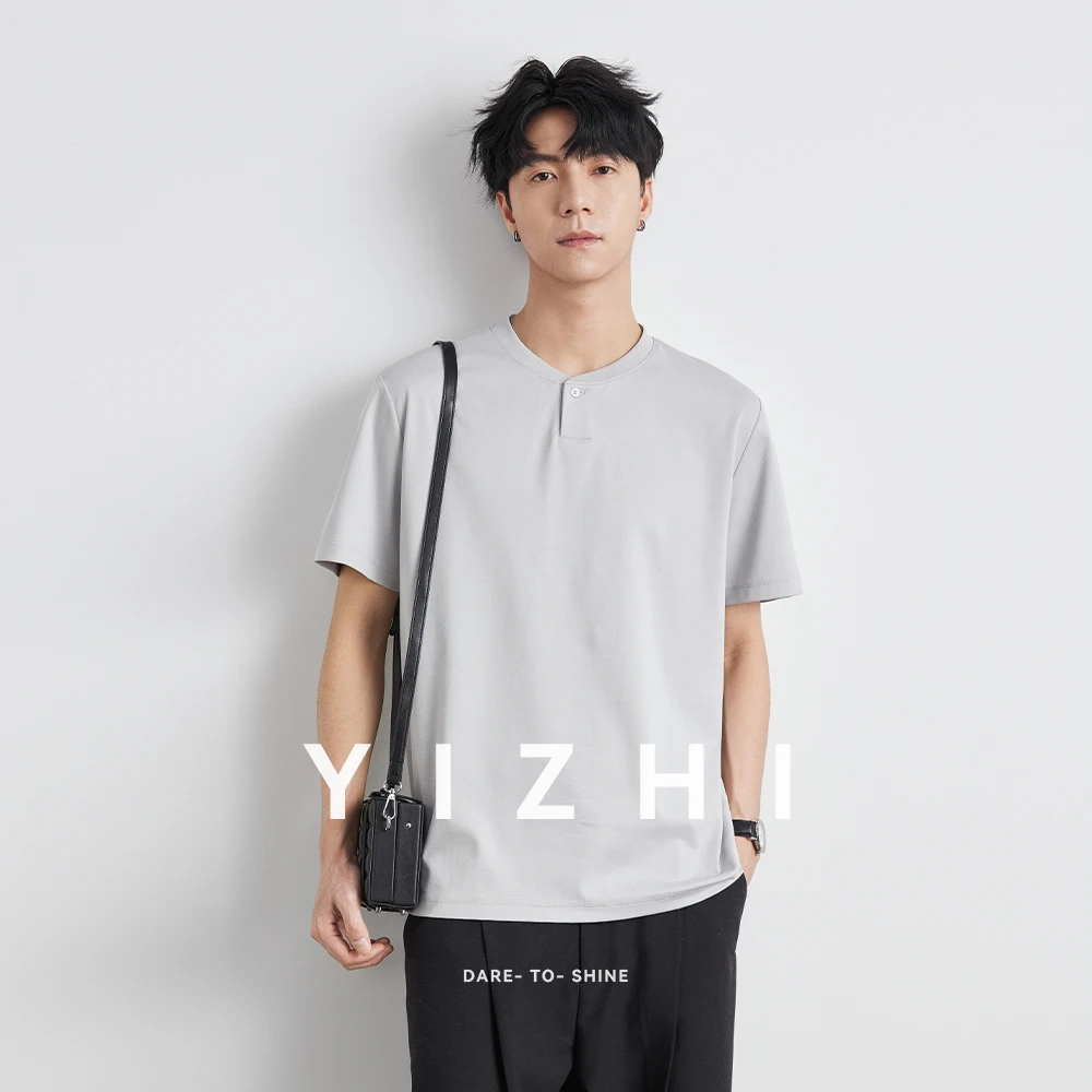 

Fashion Men's Henley Collar Short Sleeve T-Shirt Summer New Cotton Fabric Round Collar Button Design Top Large Size Men Clothing