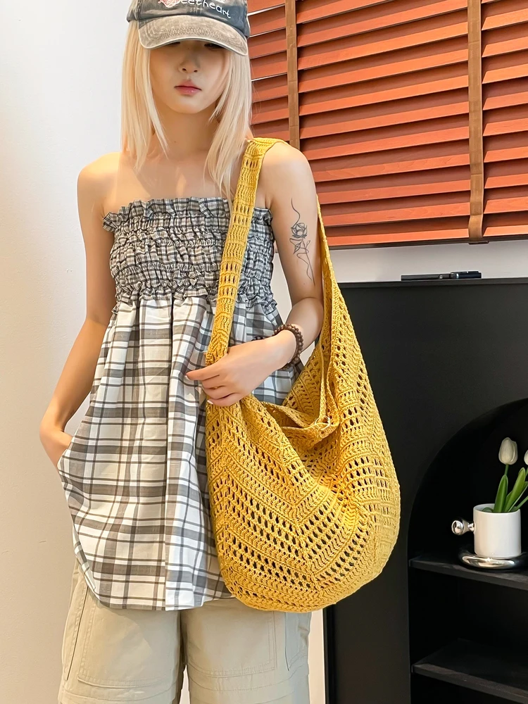 

Summer Large Capaci Hollow Woven Beach Bag Women's Single oulder Sling Bag Casual Sle Cotton Tead Basket Handbag