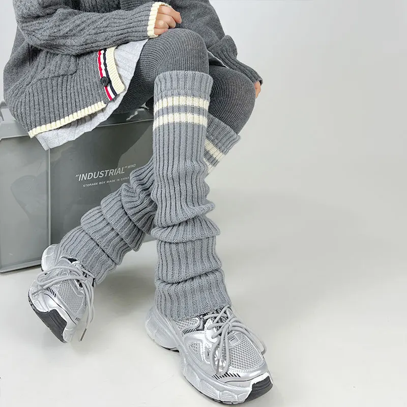 70CM Vintage Stretch Leg Warmers With Contrasting Stripe Over Knee Japanese JK Uniform Leg Warmers Lolita Winter Women Boot Sock