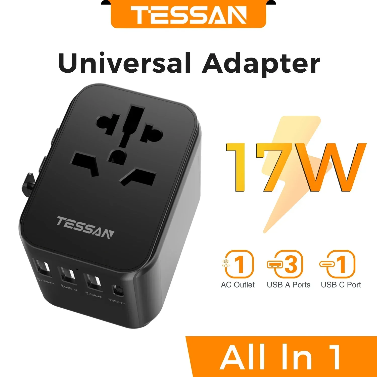 TESSAN Universal Travel Adapter with USB Port and Type C, Worldwide Power Adapter EU/UK/USA/AUS Plug for International Travel image 3