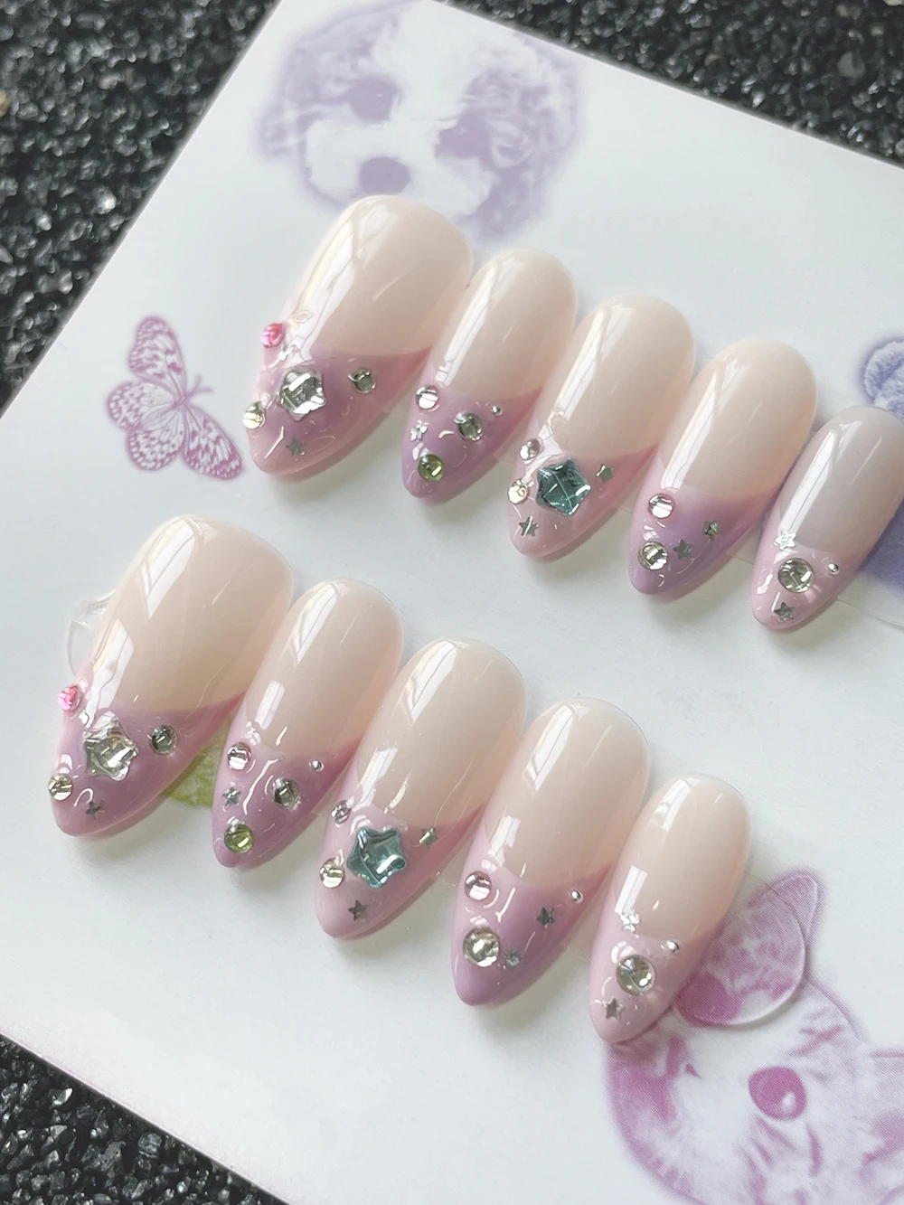 French-Style Pink Diamond Almond Press On Nails Art Sticker 10Pcs Handmade Colored Gemstones Shining Stars Diy Manicure Nails