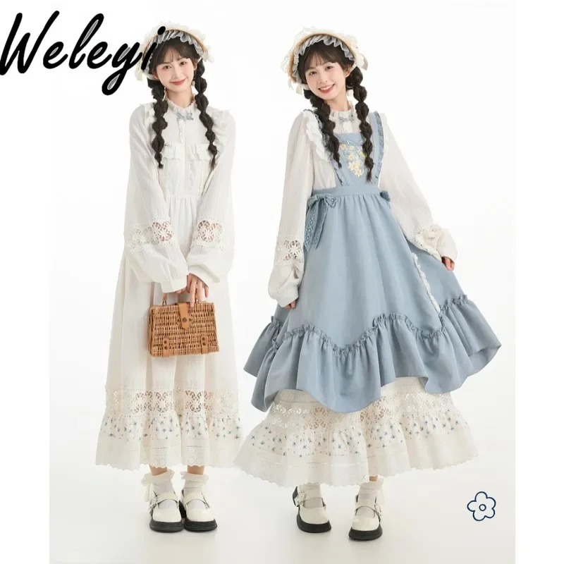 

French Fashion Lolita Dress for Women Autumn Cute Pastoral Style Sweet Rojita Two Piece Princess Kaftans for Womens Cotton Kleid