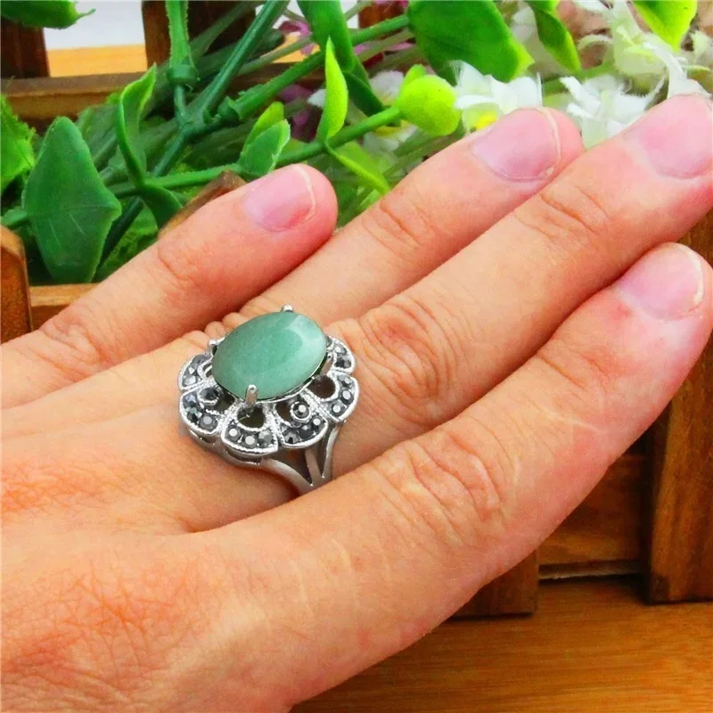 Oval Natural Jades Rings For Women Vintage Look Antique Silver Plated Rhinestone Plum Flower Ring Fashion Jewelry TR693