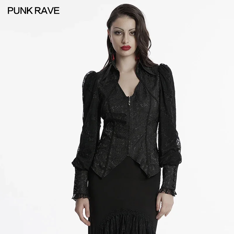 

PUNK RAVE Women's Gothic V-shaped Lapel Design Lantern Sleeve Jacquard Gorgeous Shirt Dark Tighten Waist Women Tops