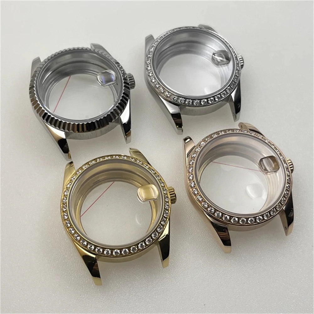 Cassa in acciaio inossidabile NH35 da 36 mm, cassa dell'orologio in vetro zaffiro con lunetta con strass alla moda adatta al guscio del movimento NH35A NH36 4R35A 4R36A