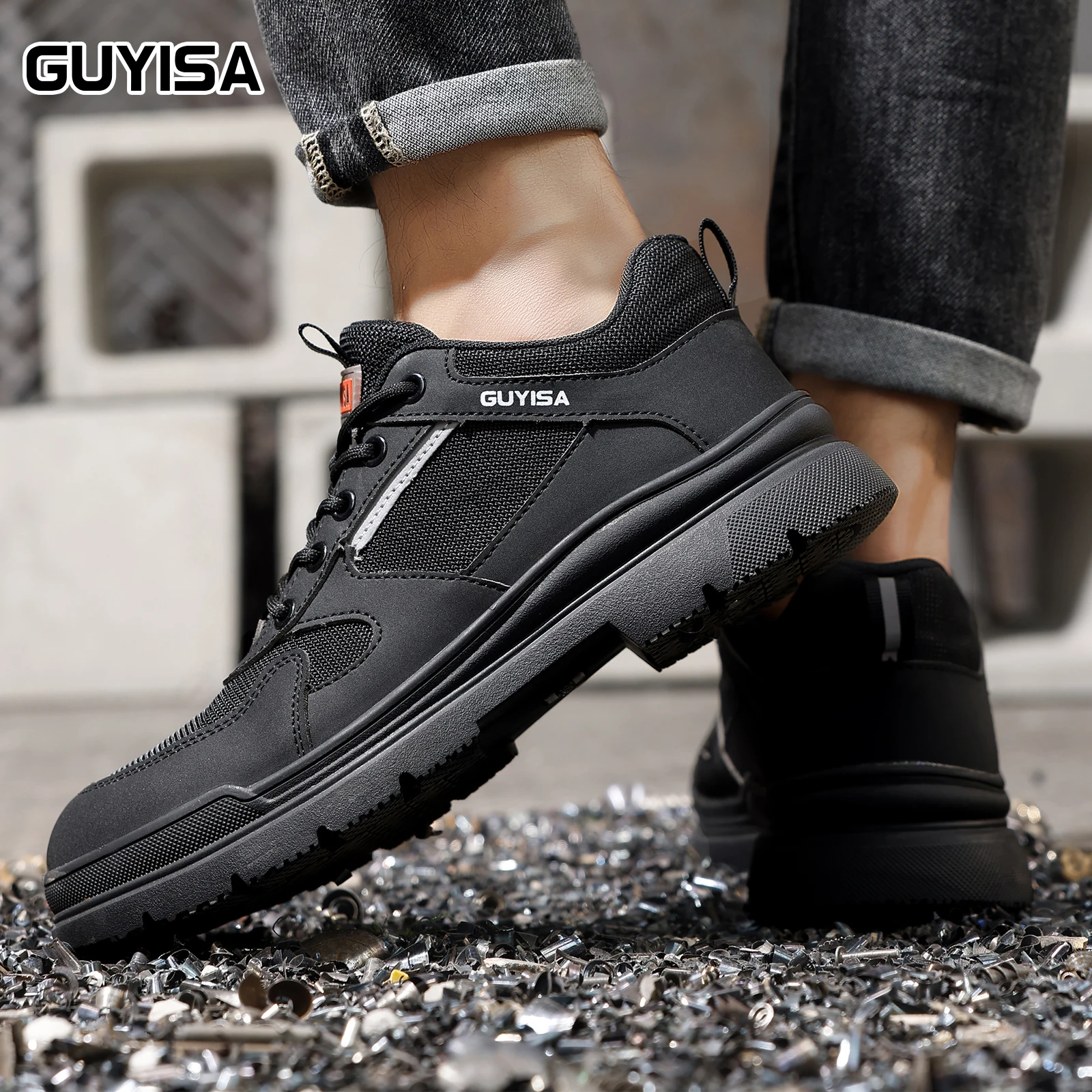 GUYISA scarpe antinfortunistiche professionali resistenti all\'usura della punta in acciaio da uomo in gomma perforata resistente