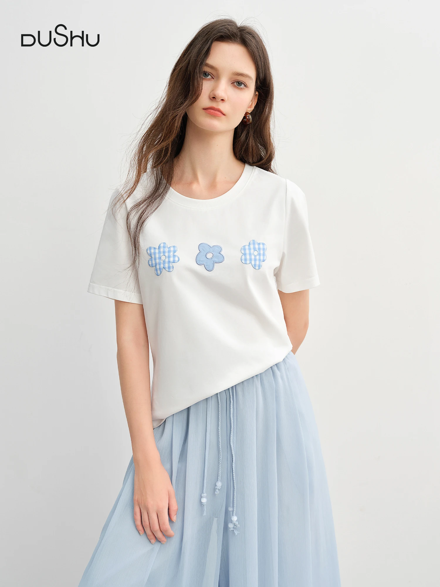 

DUSHU Plus Size Women's Summer 2025 Fun Flower Cool Sensation Straight H-style Round Neck T-shirt Tops 25DS82973