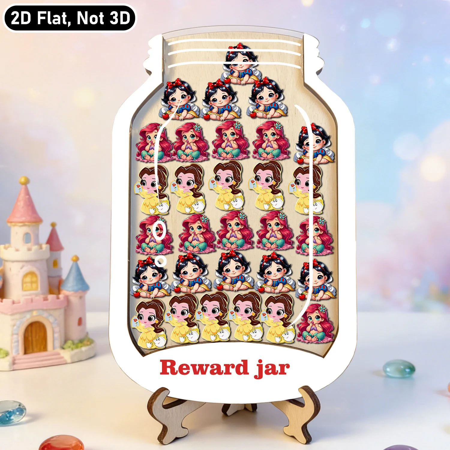 Pot à récompenses princesse en bois, autocollants princesse mignons, tableau de motivation positive avec base, fournitures de récompenses