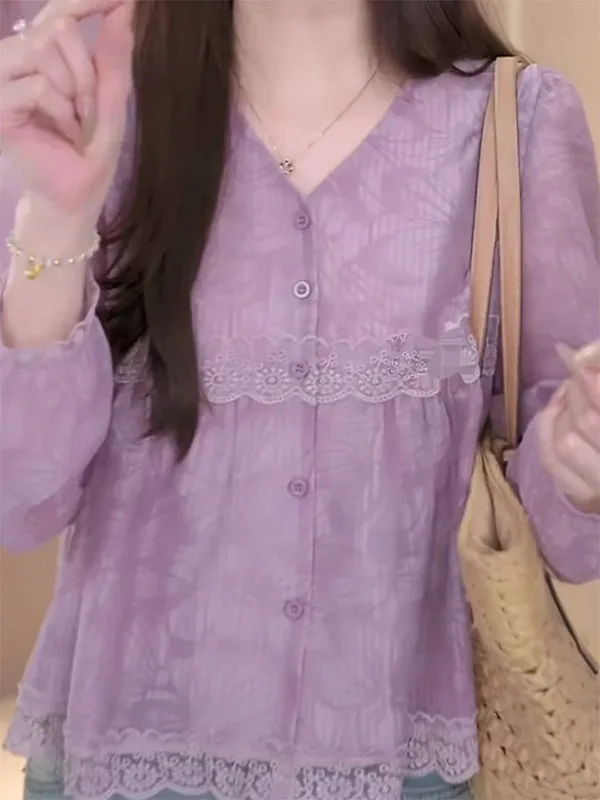 루즈핏 플로럴 롱 슬리브 V넥 여성 캐주얼 편안한 핏 어깨 라인 디자인 여름 상의 큰 사이즈