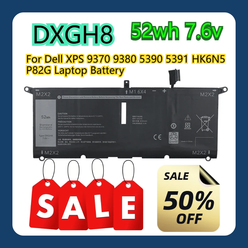 

For Dell XPS 9370 9380 5390 5391 DXGH8 HK6N5 P82G 52wh 7.6v Laptop Battery