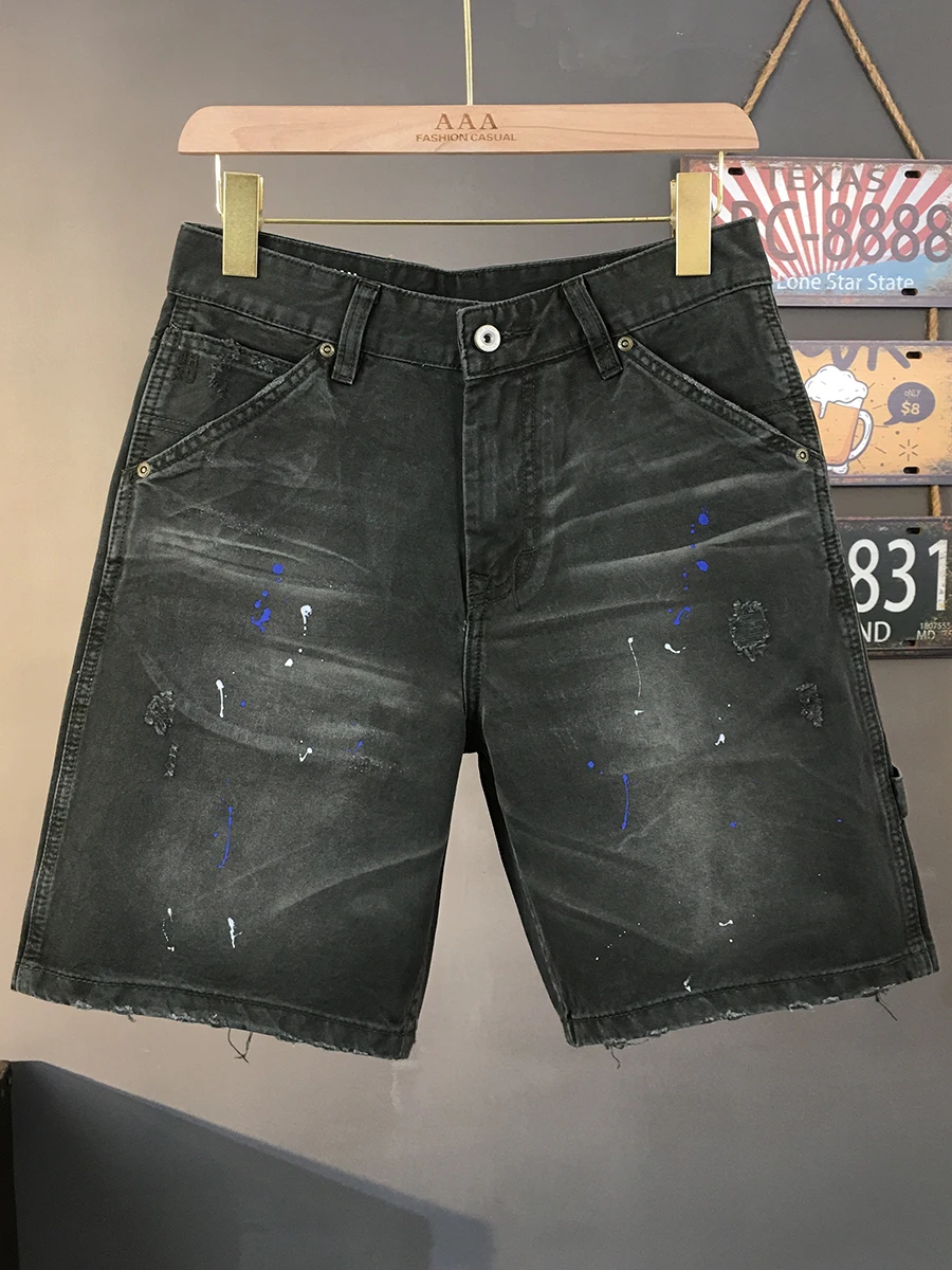 Men's High Street Cargo Shorts Summer American Vintage Distressed Washed Splatter Paint 100% Cotton Loose-Fit Green Heavyweight - Image 3