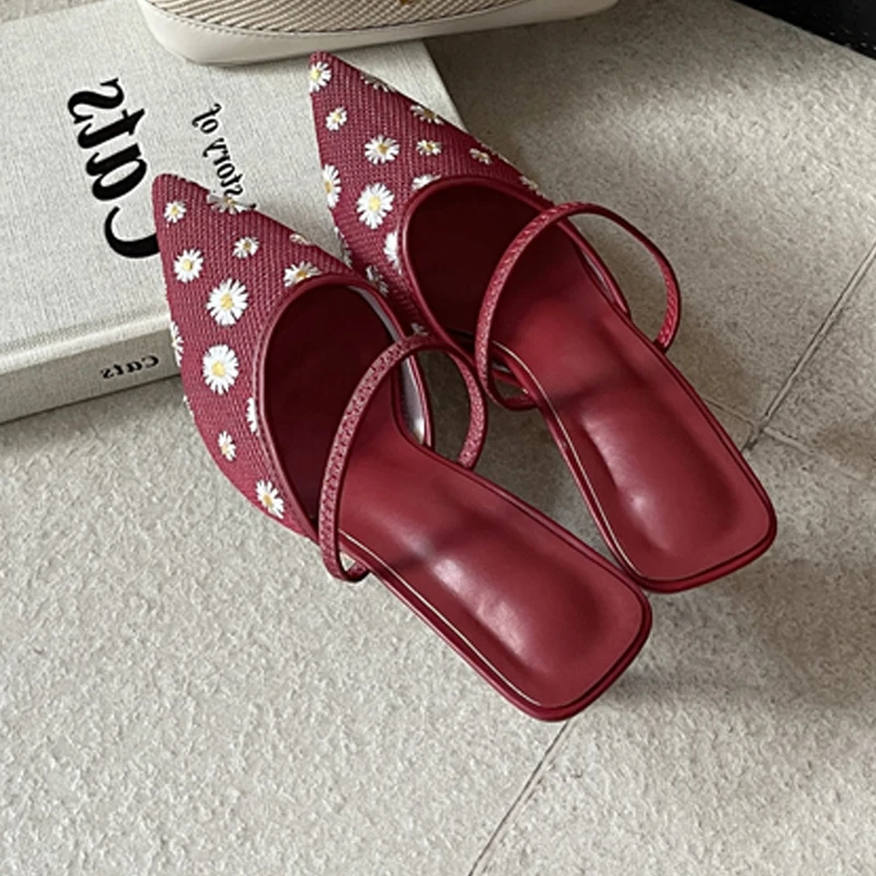 

Eilyken Summer Flower Breathable Mesh Pointed Toe Mule Slippers Woman Elegant Thin Heels Party Slingbacks Shoes
